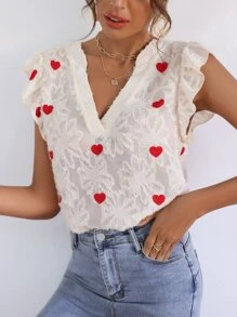 Heart Embroidered Flower Pattern Flutter Sleeve Chiffon Blouse