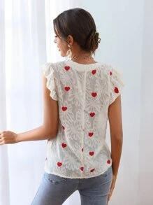 Heart Embroidered Flower Pattern Flutter Sleeve Chiffon Blouse