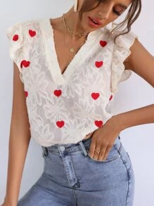 Heart Embroidered Flower Pattern Flutter Sleeve Chiffon Blouse