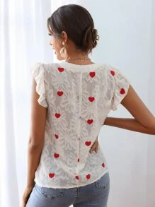 Heart Embroidered Flower Pattern Flutter Sleeve Chiffon Blouse