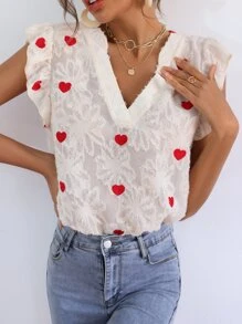 Heart Embroidered Flower Pattern Flutter Sleeve Chiffon Blouse