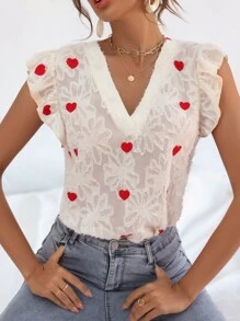 Heart Embroidered Flower Pattern Flutter Sleeve Chiffon Blouse
