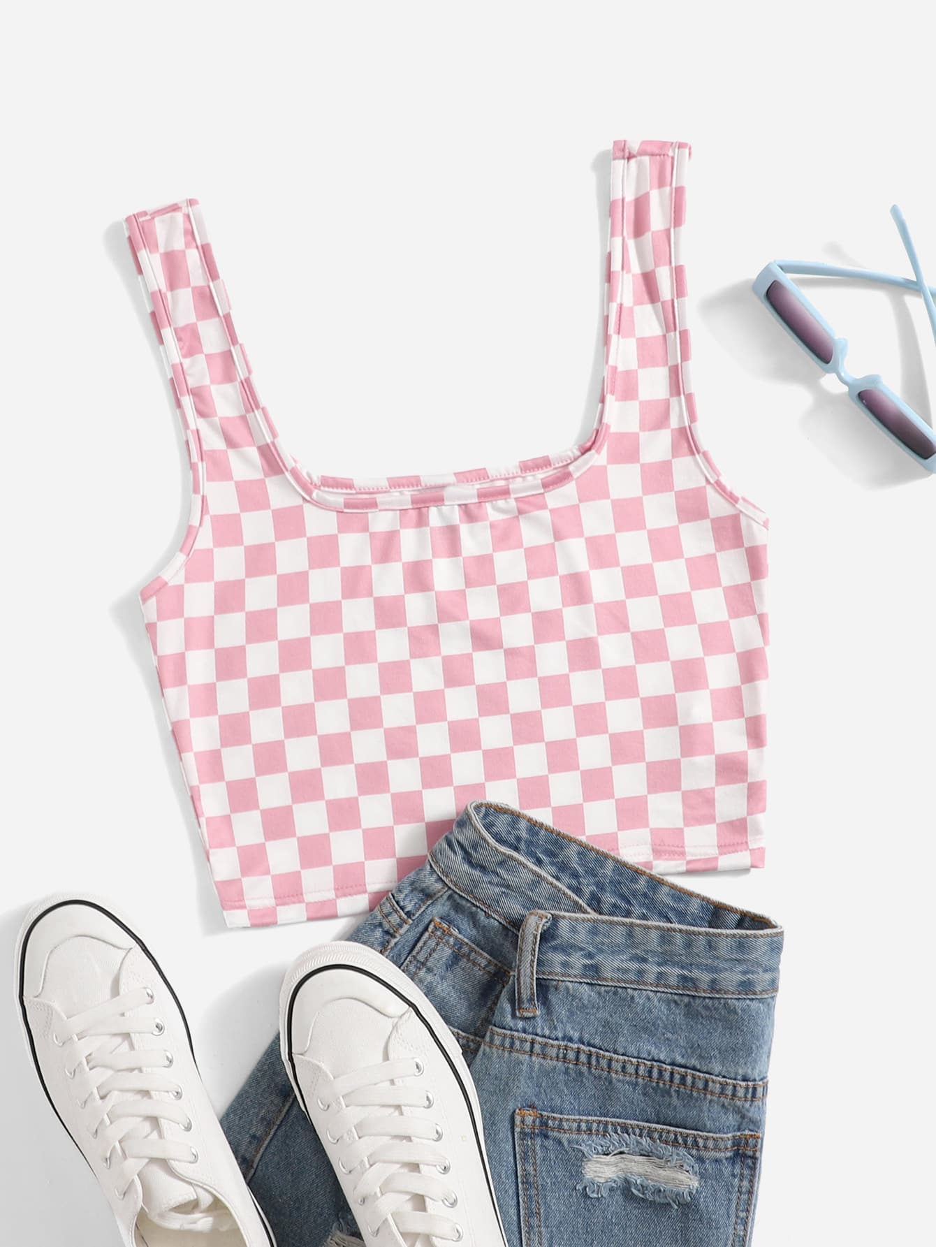 SHEIN Qutie Checker Crop Tank Top - Baby Pink - View 1