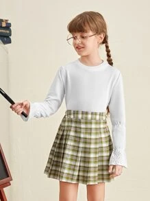 SHEIN Girls Flounce Sleeve Crew Neck Jumper - White - View 1