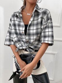 Áo sơ mi In kẻ sọc Thả vai - Đen và trắng - Xem 1