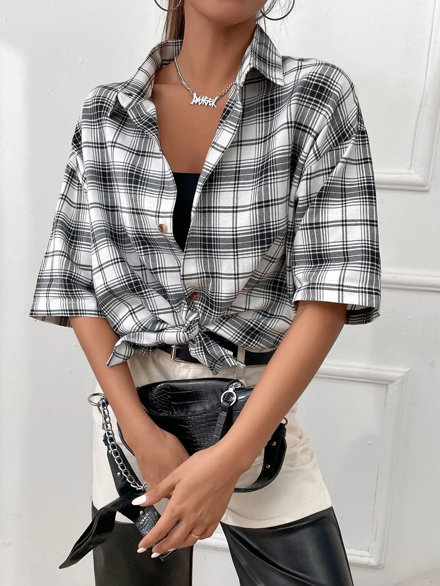 Áo sơ mi In kẻ sọc Thả vai - Đen và trắng - Xem 1