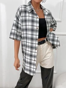 Áo sơ mi In kẻ sọc Thả vai - Đen và trắng - Xem 4