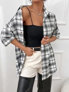 Áo sơ mi In kẻ sọc Thả vai - Đen và trắng - Xem 5