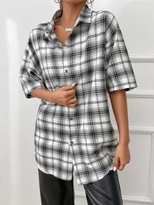 Áo sơ mi In kẻ sọc Thả vai - Đen và trắng - Xem 6