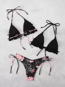 Swim Vcay Summer Beach 3packs Floral Print Halter Triangle Bikini & Bikini Top - Multicolor - View 2