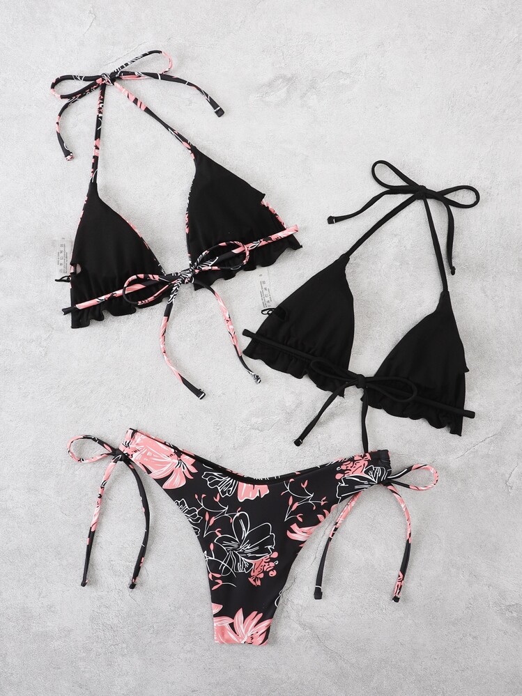 Swim Vcay 3 paquetes de bikini triangular halter con estampado floral para playa de verano y parte superior de bikini - Multicolor - Añade 2