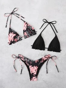 Swim Vcay Summer Beach 3packs Floral Print Halter Triangle Bikini & Bikini Top - Multicolor - View 5
