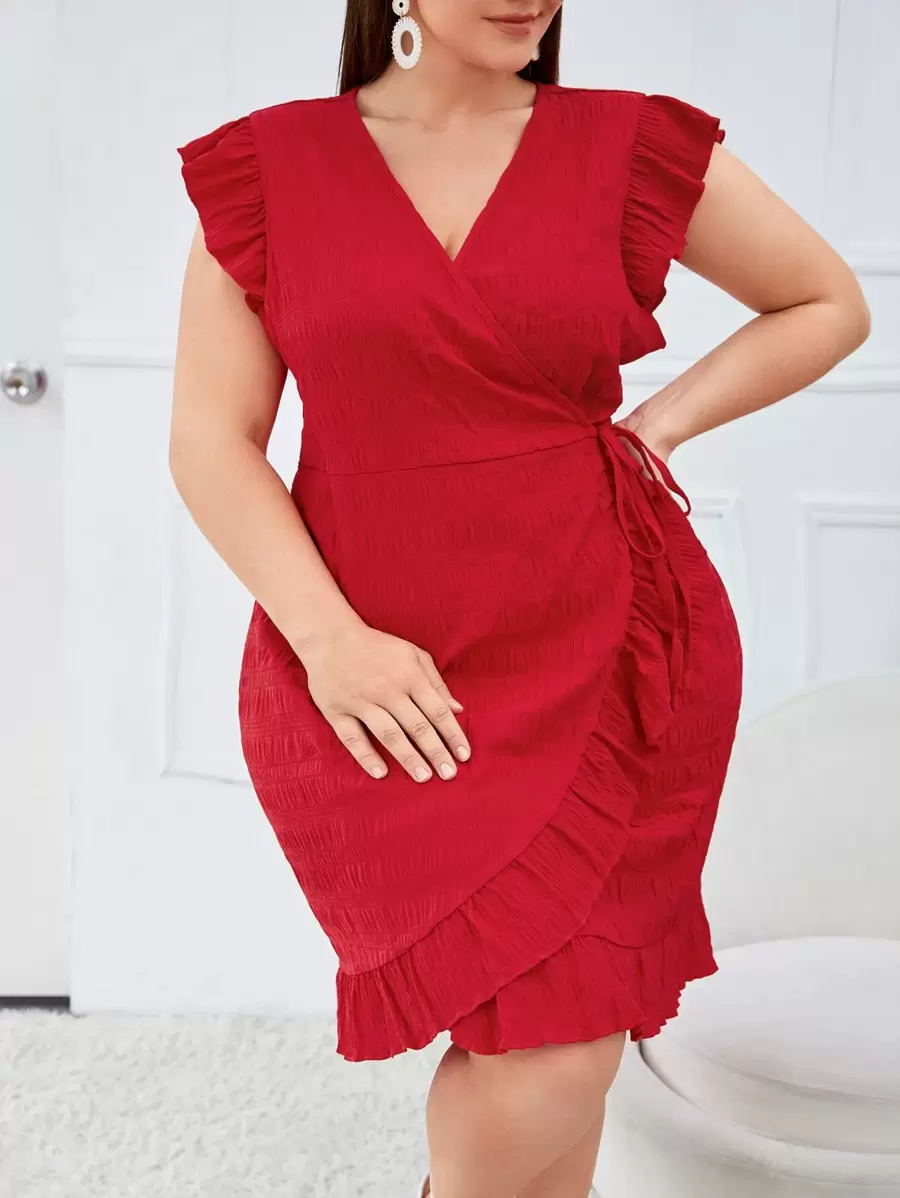 SHEIN Clasi Plus Ruffle Trim Wrap Tie Side Textured Dress - Red - View 1