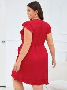 SHEIN Clasi Plus Ruffle Trim Wrap Tie Side Textured Dress - Red - View 2