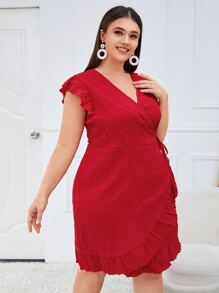 SHEIN Clasi Plus Ruffle Trim Wrap Tie Side Textured Dress - Red - View 3