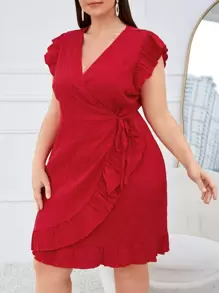 SHEIN Clasi Plus Ruffle Trim Wrap Tie Side Textured Dress - Red - View 4