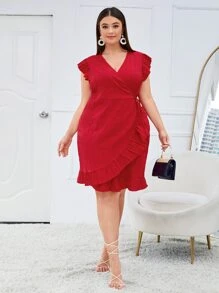 SHEIN Clasi Plus Ruffle Trim Wrap Tie Side Textured Dress - Red - View 5