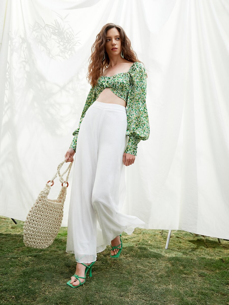 SHEIN Solid High Waist Culotte Trousers - White - View 1