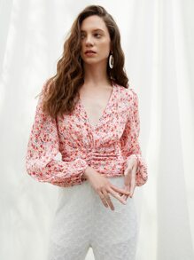 SHEIN Ditsy Floral V-neck Lantern Sleeve Ruched Top - Multicolor - View 1