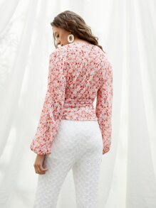 SHEIN Ditsy Floral V-neck Lantern Sleeve Ruched Top - Multicolor - View 2