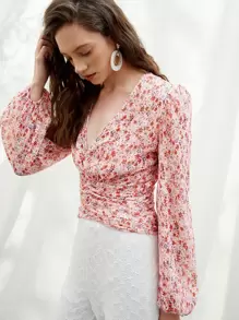 SHEIN Ditsy Floral V-neck Lantern Sleeve Ruched Top - Multicolor - View 3