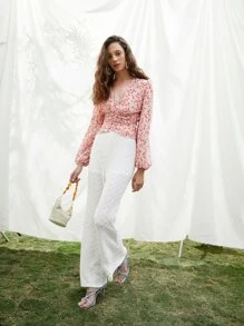 SHEIN Ditsy Floral V-neck Lantern Sleeve Ruched Top - Multicolor - View 4