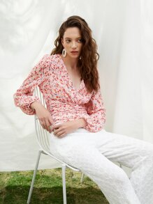 SHEIN Ditsy Floral V-neck Lantern Sleeve Ruched Top - Multicolor - View 5