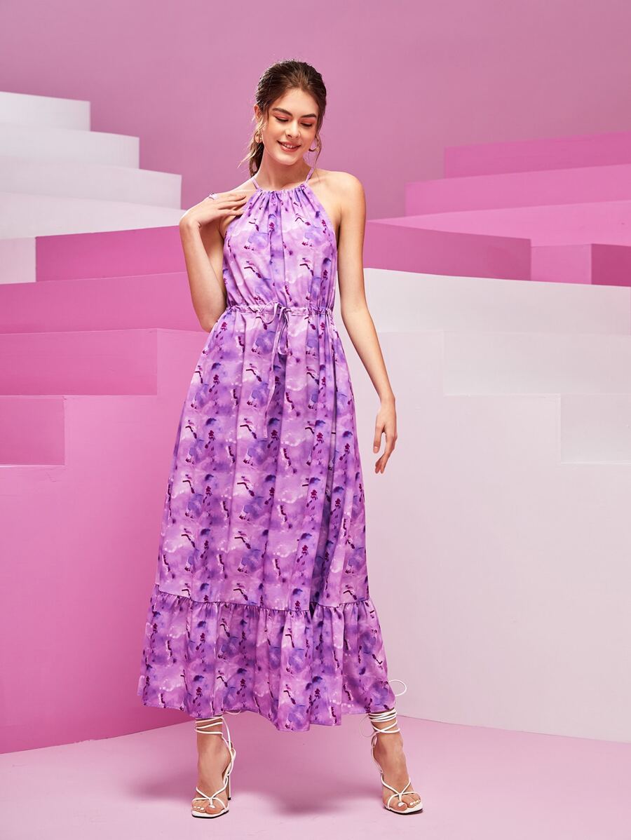 Sew Fashion School Drawstring Waist Ruffle Hem Tie Dye Halter Dress - Purple - View 1