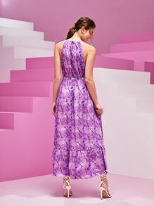 Sew Fashion School Drawstring Waist Ruffle Hem Tie Dye Halter Dress - Purple - View 2