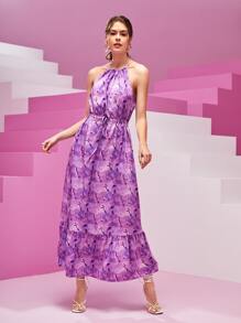 Sew Fashion School Drawstring Waist Ruffle Hem Tie Dye Halter Dress - Purple - View 3