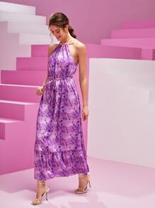 Sew Fashion School Drawstring Waist Ruffle Hem Tie Dye Halter Dress - Purple - View 4