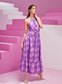 Sew Fashion School Drawstring Waist Ruffle Hem Tie Dye Halter Dress - Purple - View 6