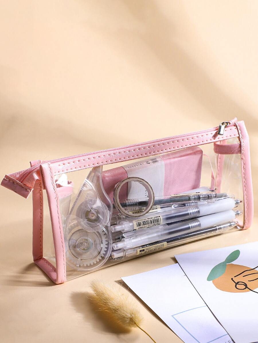 1pc Clear Pencil Case - Pink - View 1