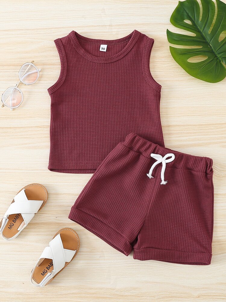 Young Girl Waffle Knit Tank Top & Knot Front Shorts