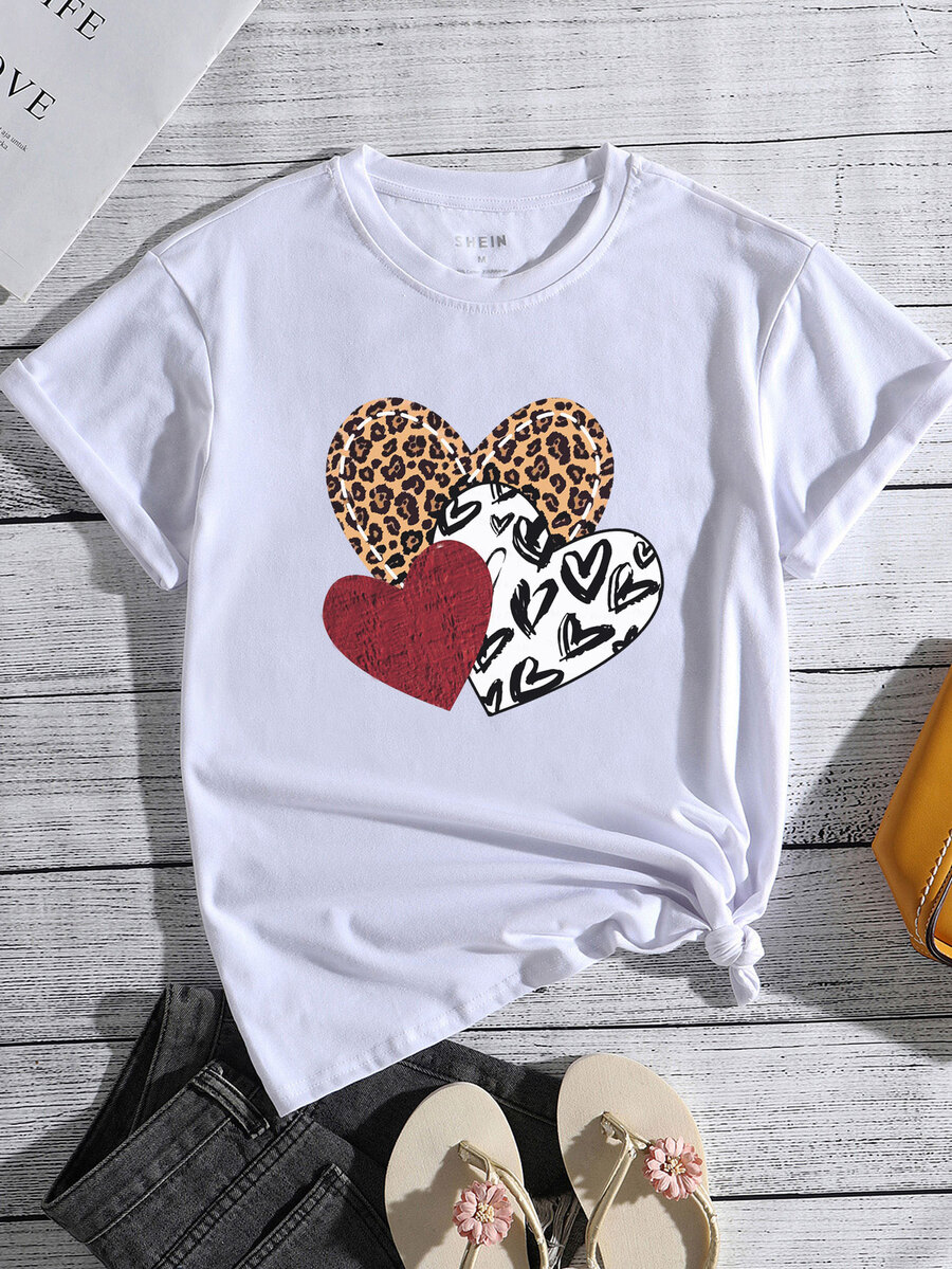 豹紋和心形印花T恤 - 白色 - 查看 1
