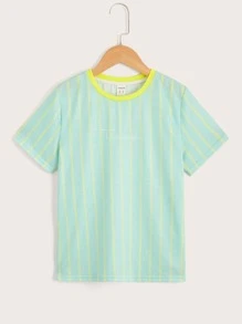 SHEIN 男孩條紋圖案和字母圖案T恤 - 薄荷綠 - 查看 1