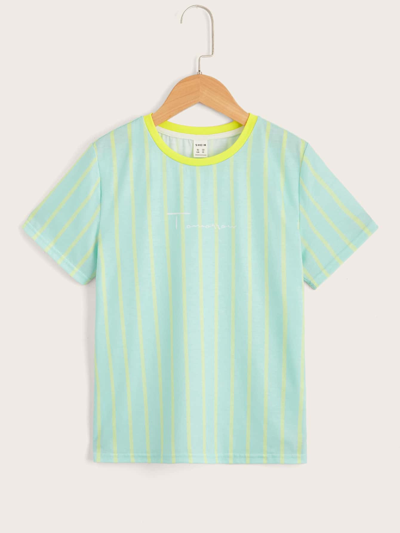 SHEIN 男孩條紋圖案和字母圖案T恤 - 薄荷綠 - 查看 1