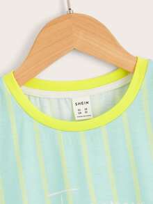 SHEIN 男孩條紋圖案和字母圖案T恤 - 薄荷綠 - 查看 4