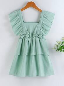 Toddler Girls Bow Ruffle Trim Square Neck Layer Hem Dress - Mint Green - View 1