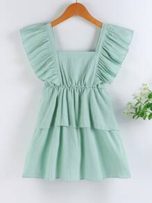 Toddler Girls Bow Ruffle Trim Square Neck Layer Hem Dress - Mint Green - View 2