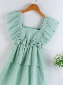 Toddler Girls Bow Ruffle Trim Square Neck Layer Hem Dress - Mint Green - View 3