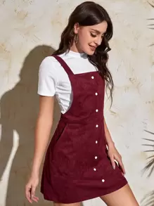 SHEIN 小立領T恤和斜口袋仿麂皮洋裝 - 紅白色 - 查看 1
