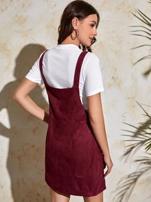 SHEIN 小立領T恤和斜口袋仿麂皮洋裝 - 紅白色 - 查看 2