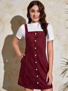 SHEIN 小立領T恤和斜口袋仿麂皮洋裝 - 紅白色 - 查看 5