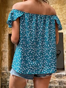 SHEIN Unity Top con estampado floral de hombros descubiertos - Agua verde azul - Ver 2