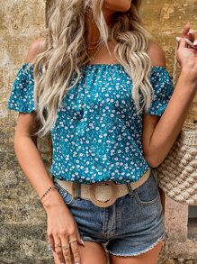 SHEIN Unity Top con estampado floral de hombros descubiertos - Agua verde azul - Ver 7