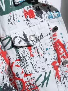 Manfinity Roghcode Men Random Splatter Paint Letter Graphic Flap Pocket Denim Jacket Without Tee, Colorful Party Grunge Rapper Denim Jacket