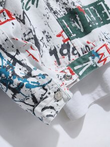 Manfinity Roghcode Men Random Splatter Paint Letter Graphic Flap Pocket Denim Jacket Without Tee, Colorful Party Grunge Rapper Denim Jacket