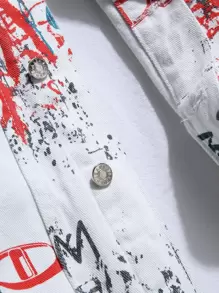 Manfinity Roghcode Men Random Splatter Paint Letter Graphic Flap Pocket Denim Jacket Without Tee, Colorful Party Grunge Rapper Denim Jacket