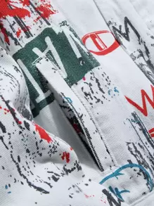 Manfinity Roghcode Men Random Splatter Paint Letter Graphic Flap Pocket Denim Jacket Without Tee, Colorful Party Grunge Rapper Denim Jacket